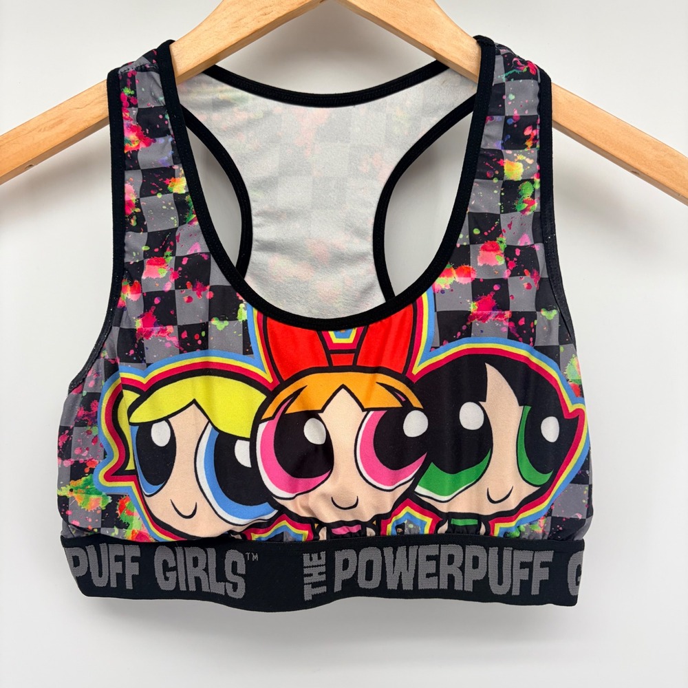 Powerpuff Girls Sports Bra Racerback Graphic Checkered Splatter Women Size L